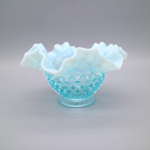 Fenton Other - Vintage Fenton Ice Blue Opalescent Hobnail Ruffled Fluted Vase Bowl 4.5”